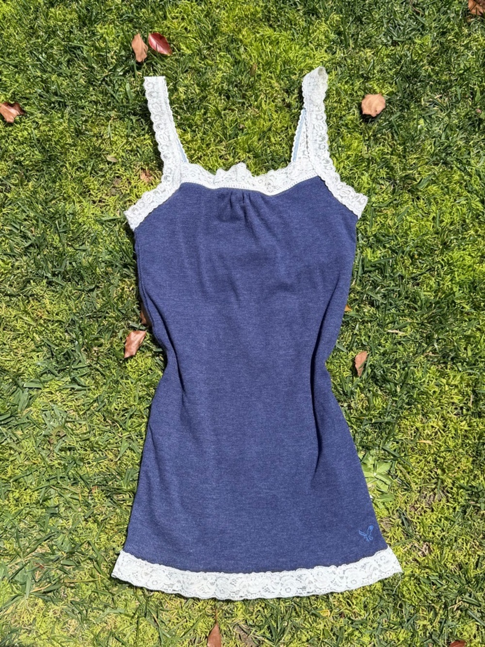 Y2K American Eagle Ribbed Lace Layering Tank Blue Cream Elena Gilbert Small READ